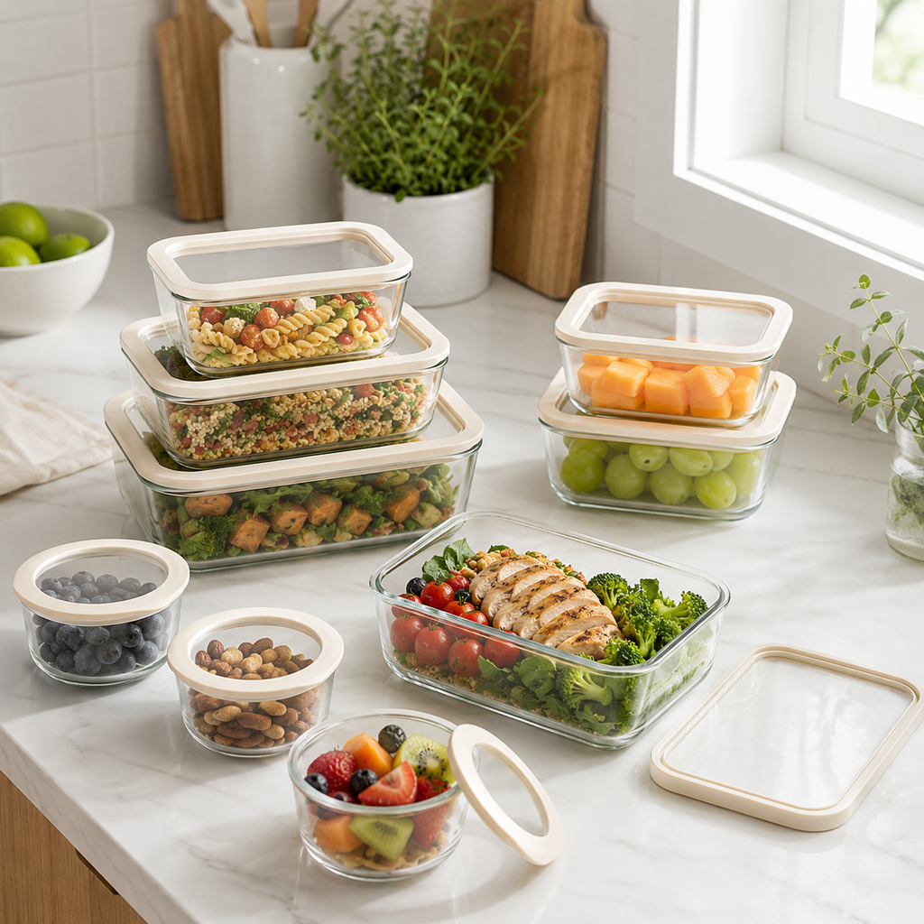 Glass Food Storage Containers Cream - 12 Set Rectangle / Round - Meal Prep – view 2