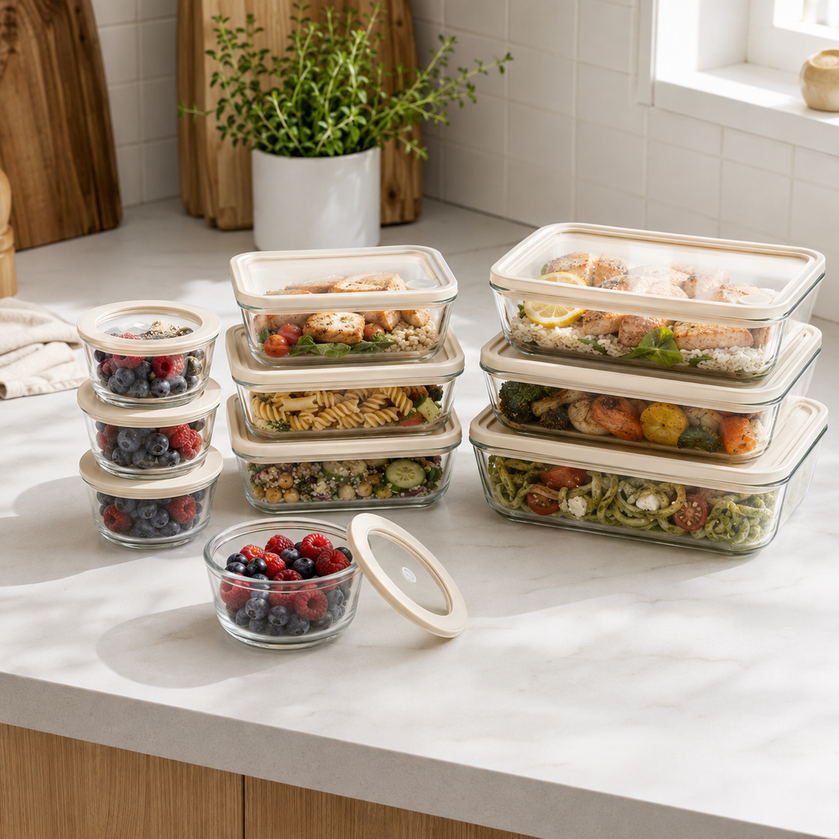 Glass Food Storage Containers Cream - 12 Set Rectangle / Round - Meal Prep – view 3