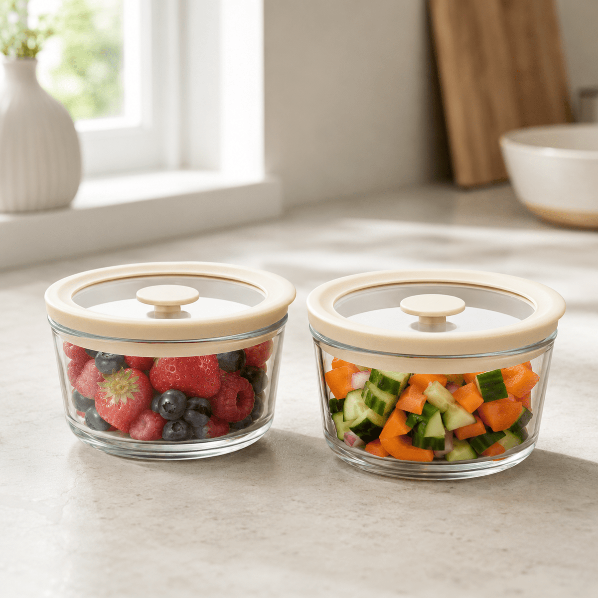 Glass Food Storage Containers Cream - 240ml - 2 Set Round