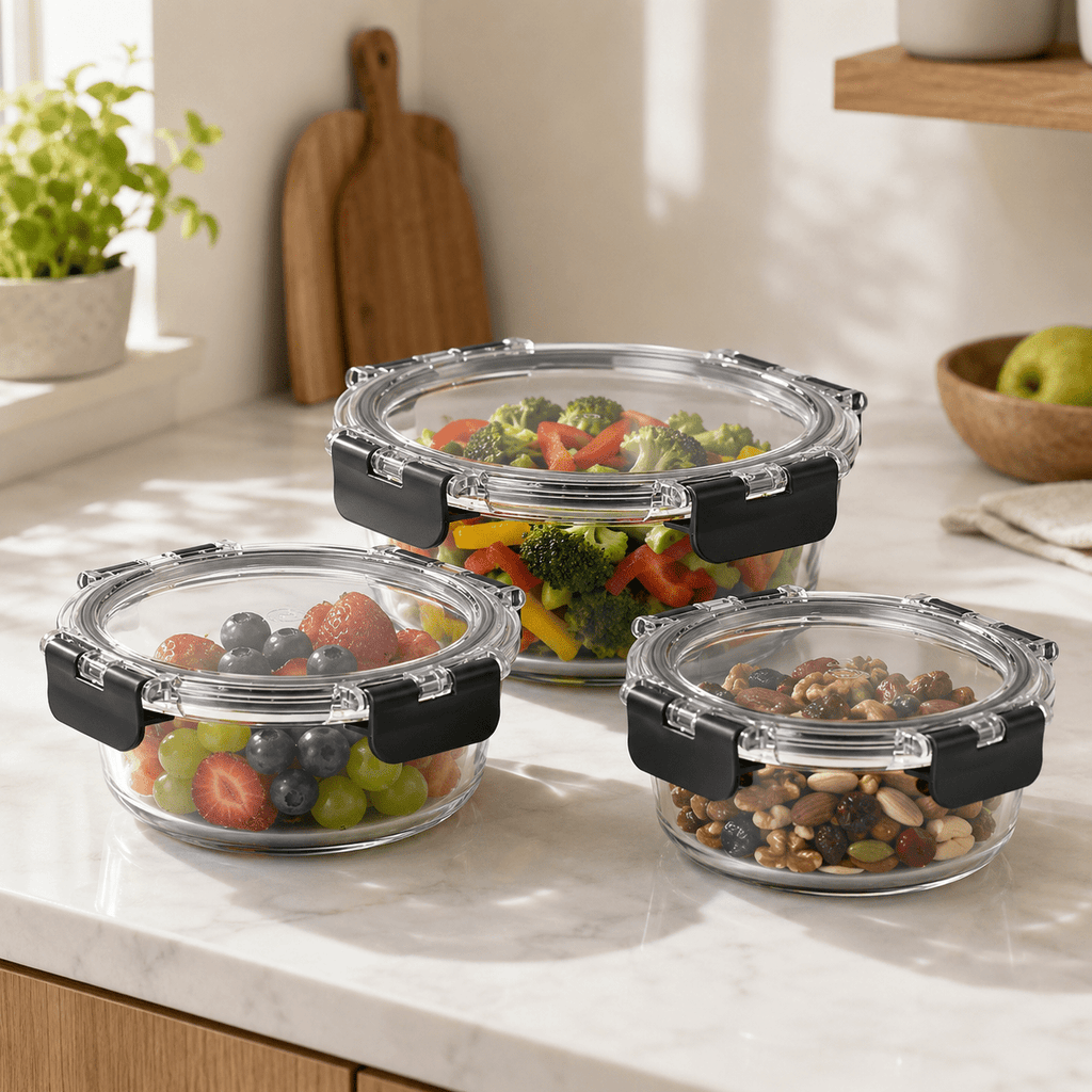 Glass Food Storage Containers Cream - 3 Set Round