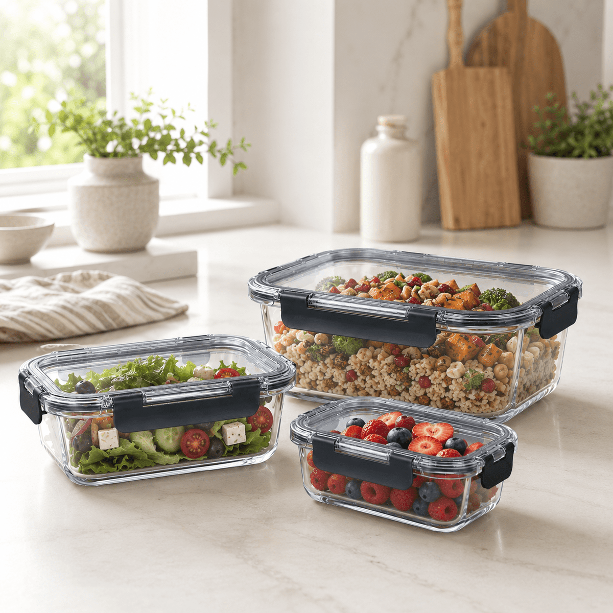 Glass Food Storage Containers Cream - 3 Set Square