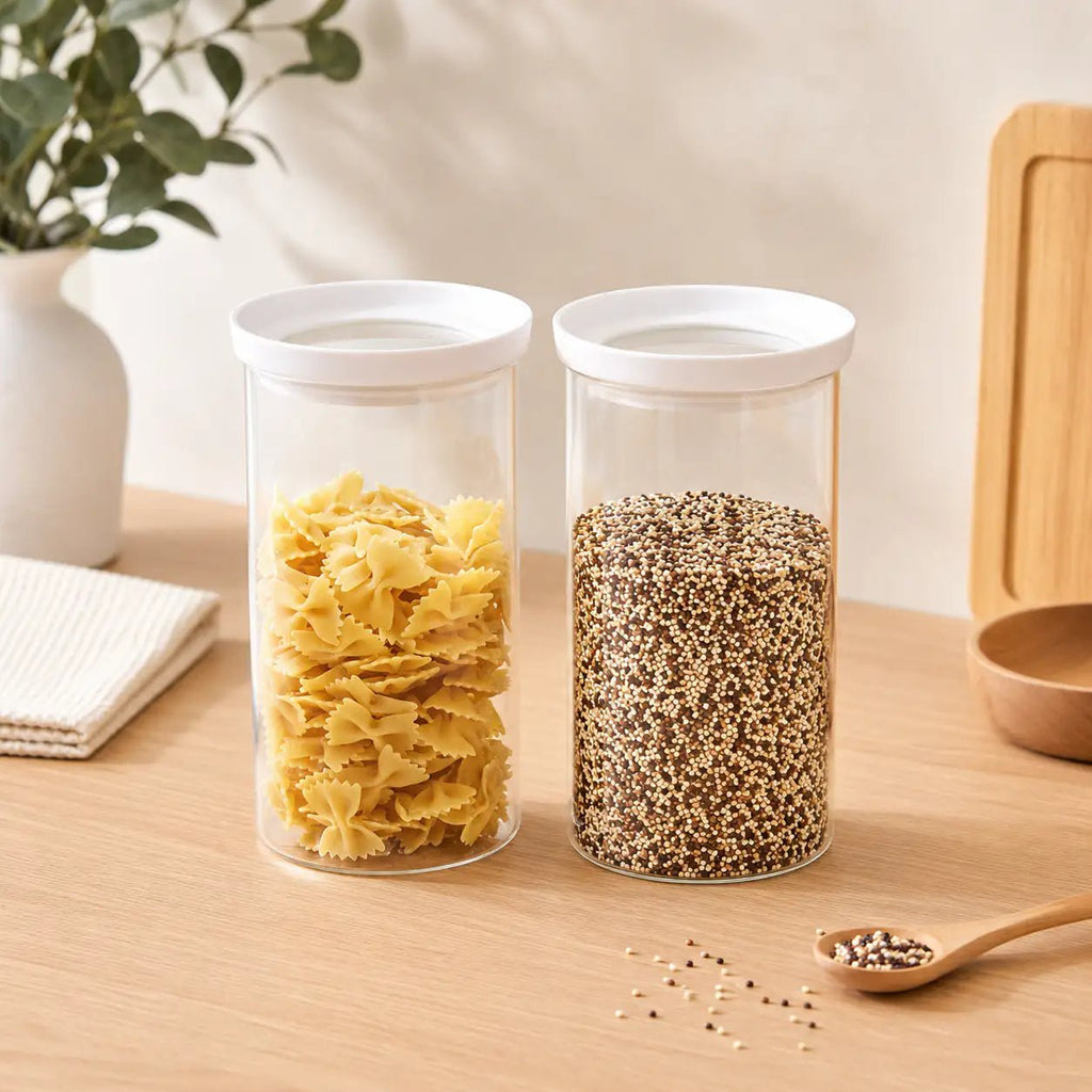 Glass Pantry Storage Jars 1,3L - White - 2 Set Round