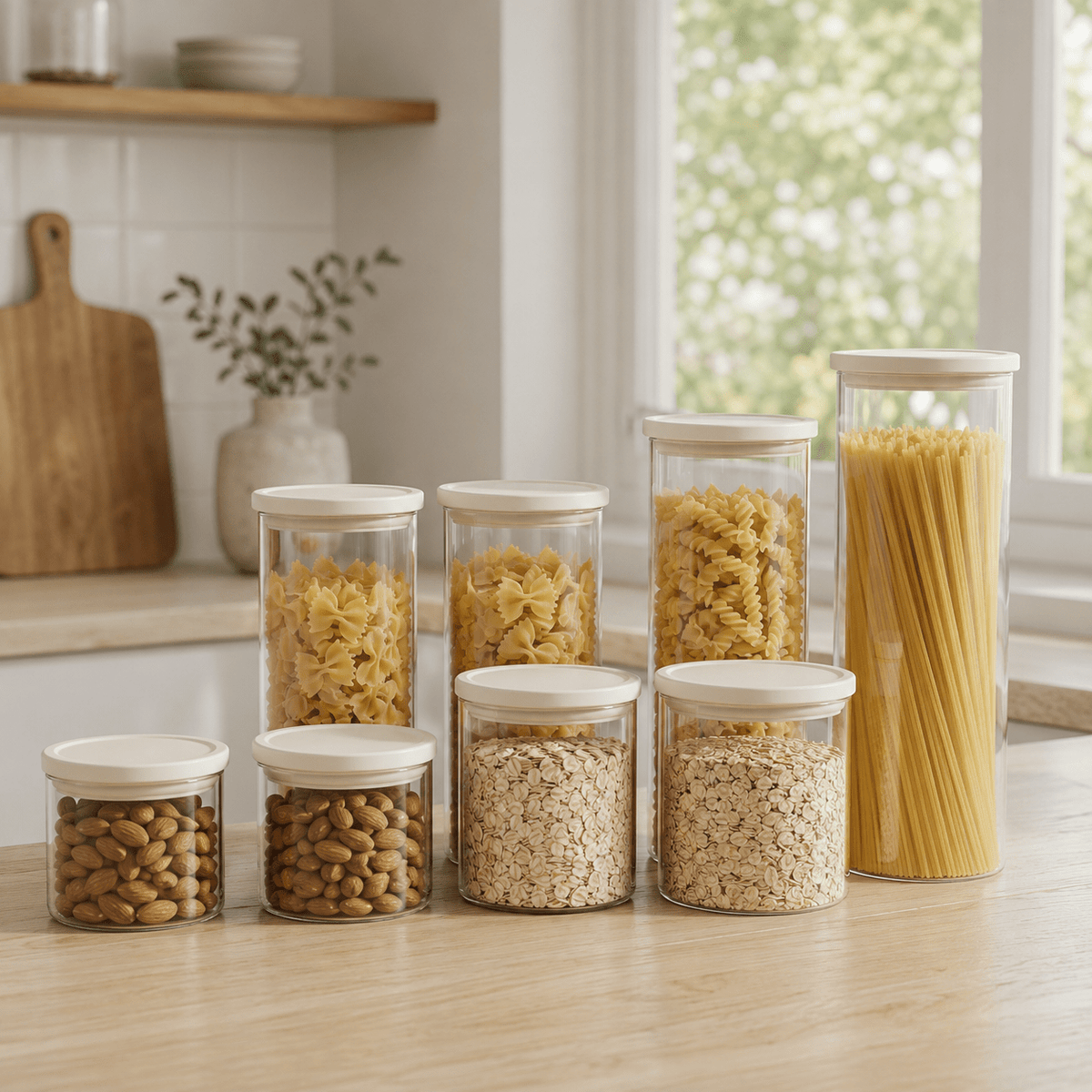 Glass Pantry Storage Jars - Cream - 7 Set Round