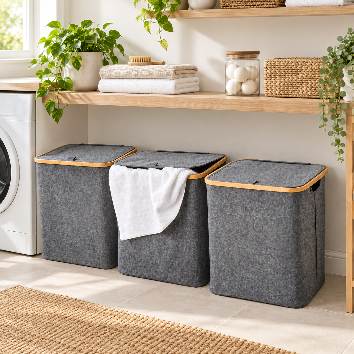 Laundry Basket w/ Lid Dark Grey - 3 Set in a bright organised home setting