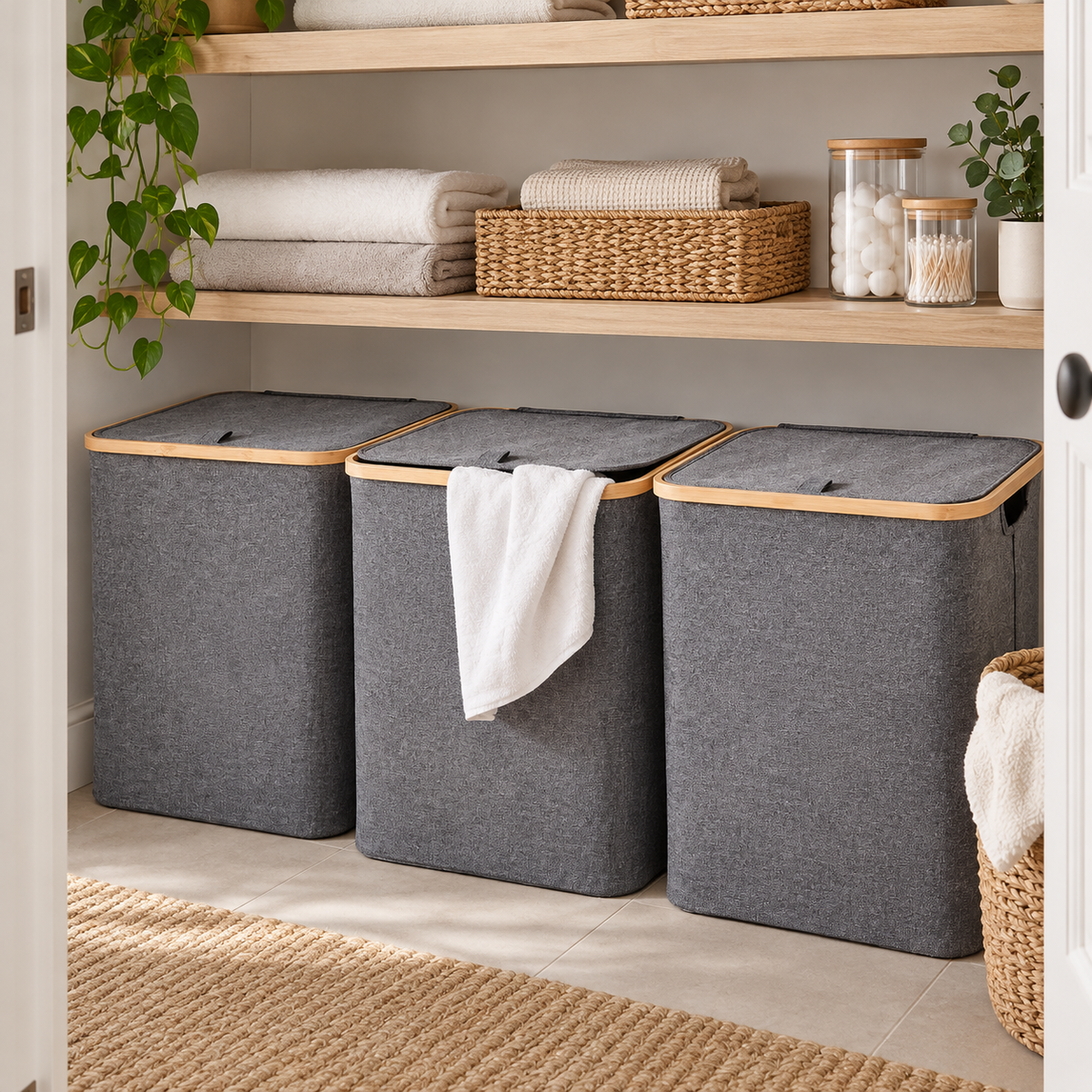 Laundry Basket w/ Lid Dark Grey - 3 Set arranged neatly on storage shelving
