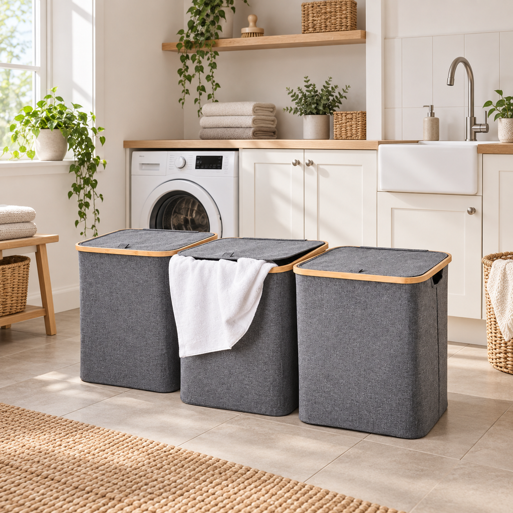 Laundry Basket w/ Lid Dark Grey - 3 Set in a clean Scandinavian interior