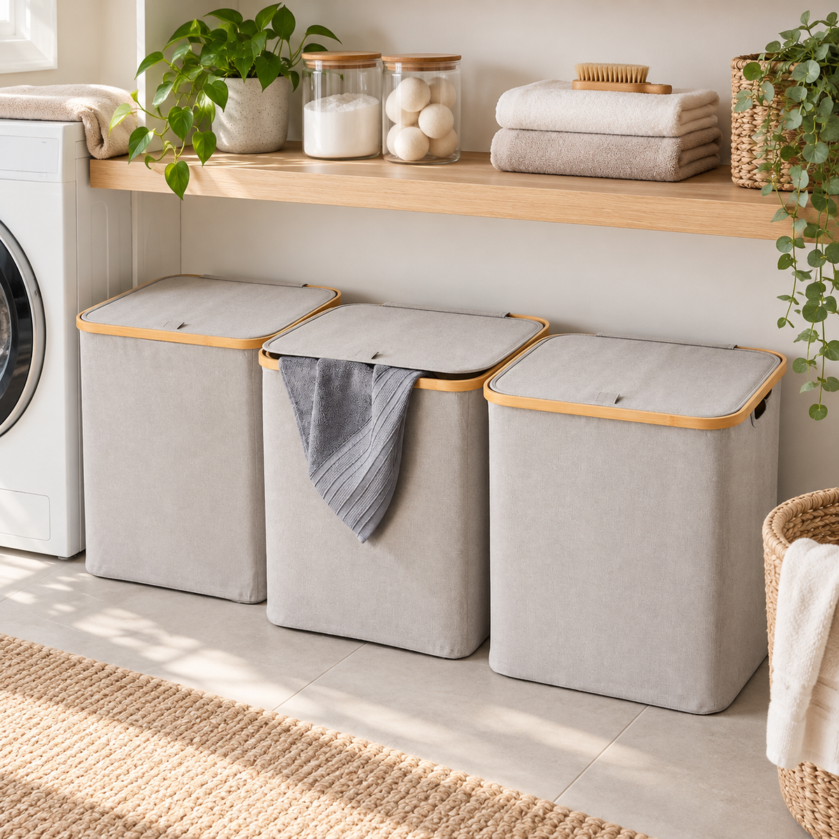 Laundry Basket w/ Lid Light Grey - 3 Set in a bright organised home setting