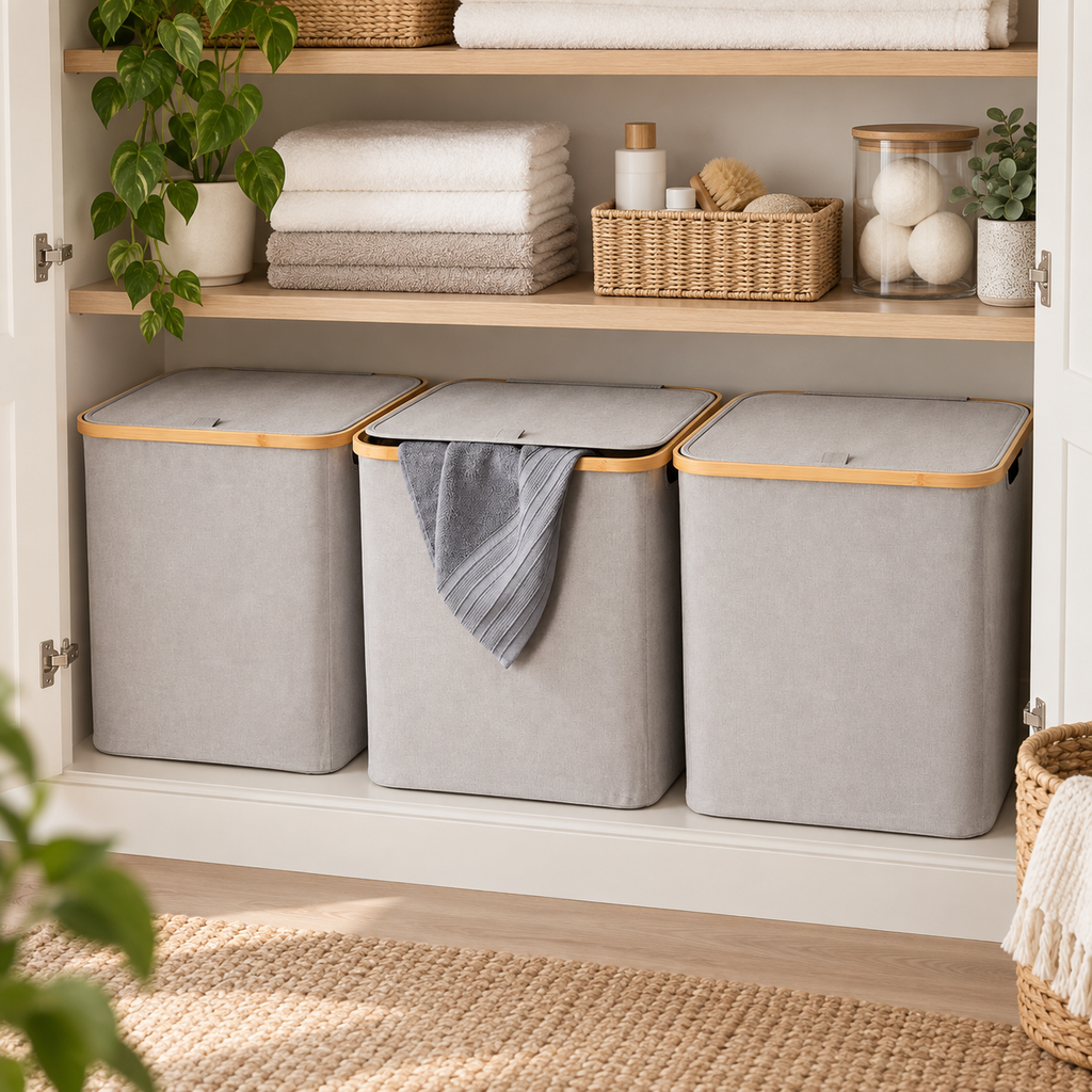 Laundry Basket w/ Lid Light Grey - 3 Set arranged neatly on storage shelving
