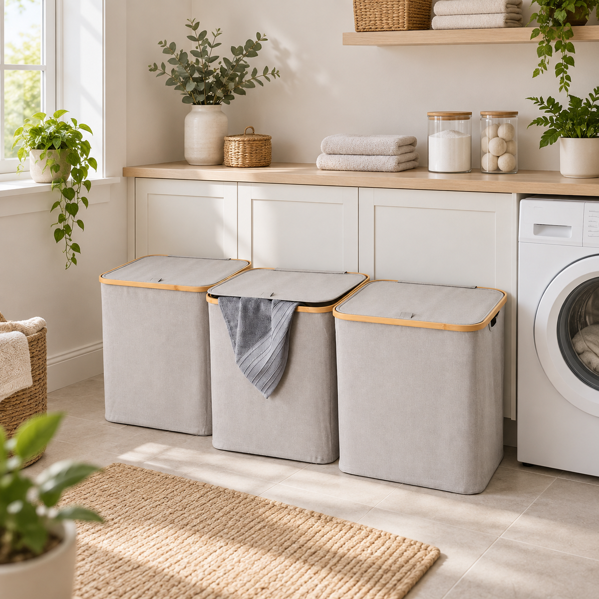 Laundry Basket w/ Lid Light Grey - 3 Set in a clean Scandinavian interior
