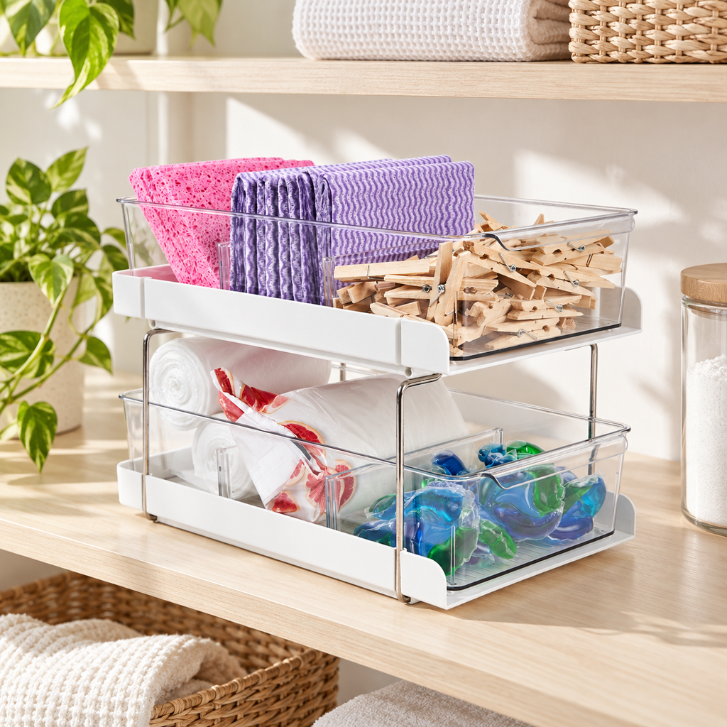 Laundry Storage Drawers - 2 Tier in a bright laundry setting