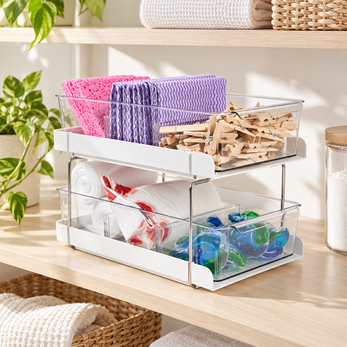 Laundry Storage Drawers - 2 Tier in a bright laundry setting