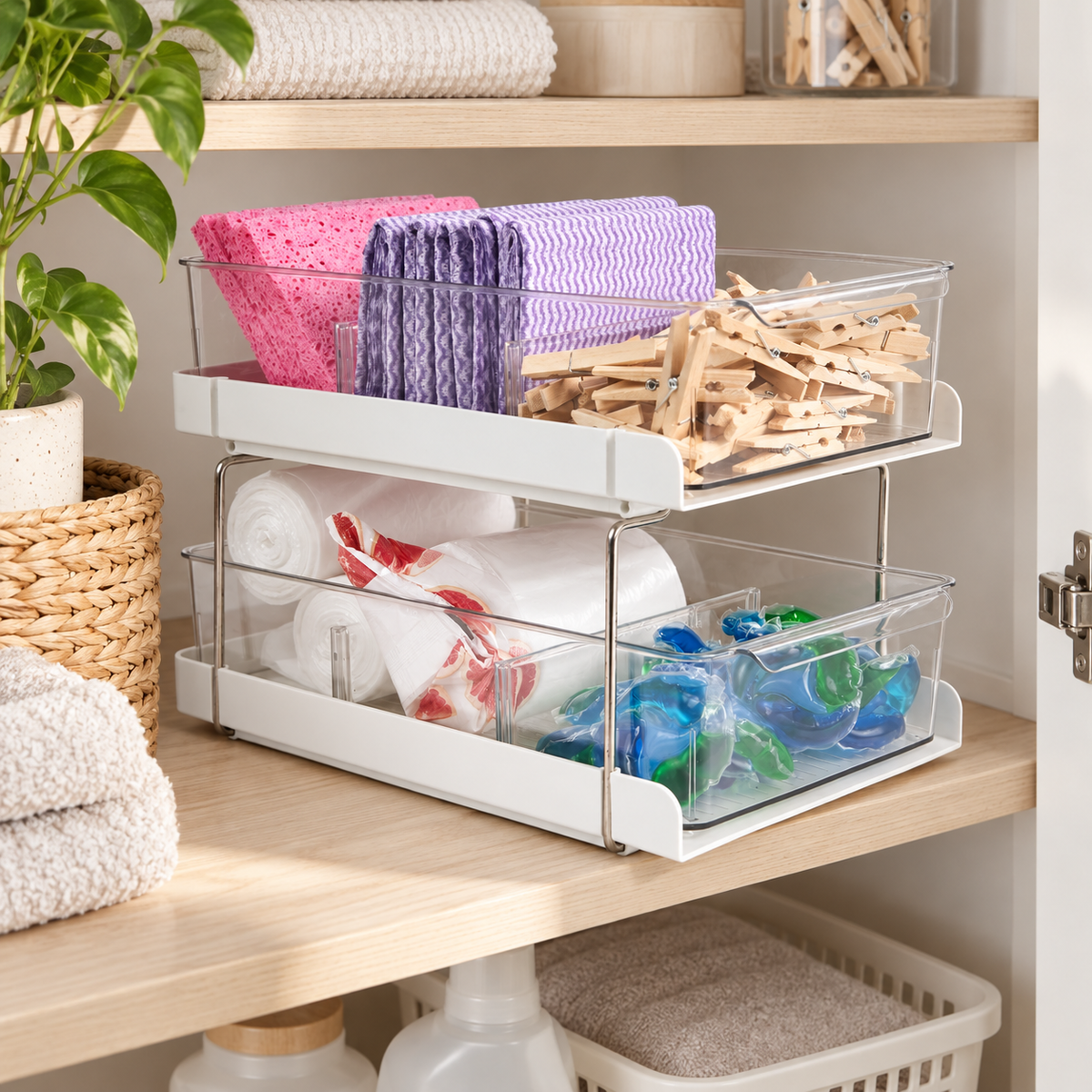 Laundry Storage Drawers - 2 Tier neatly organised on storage shelving
