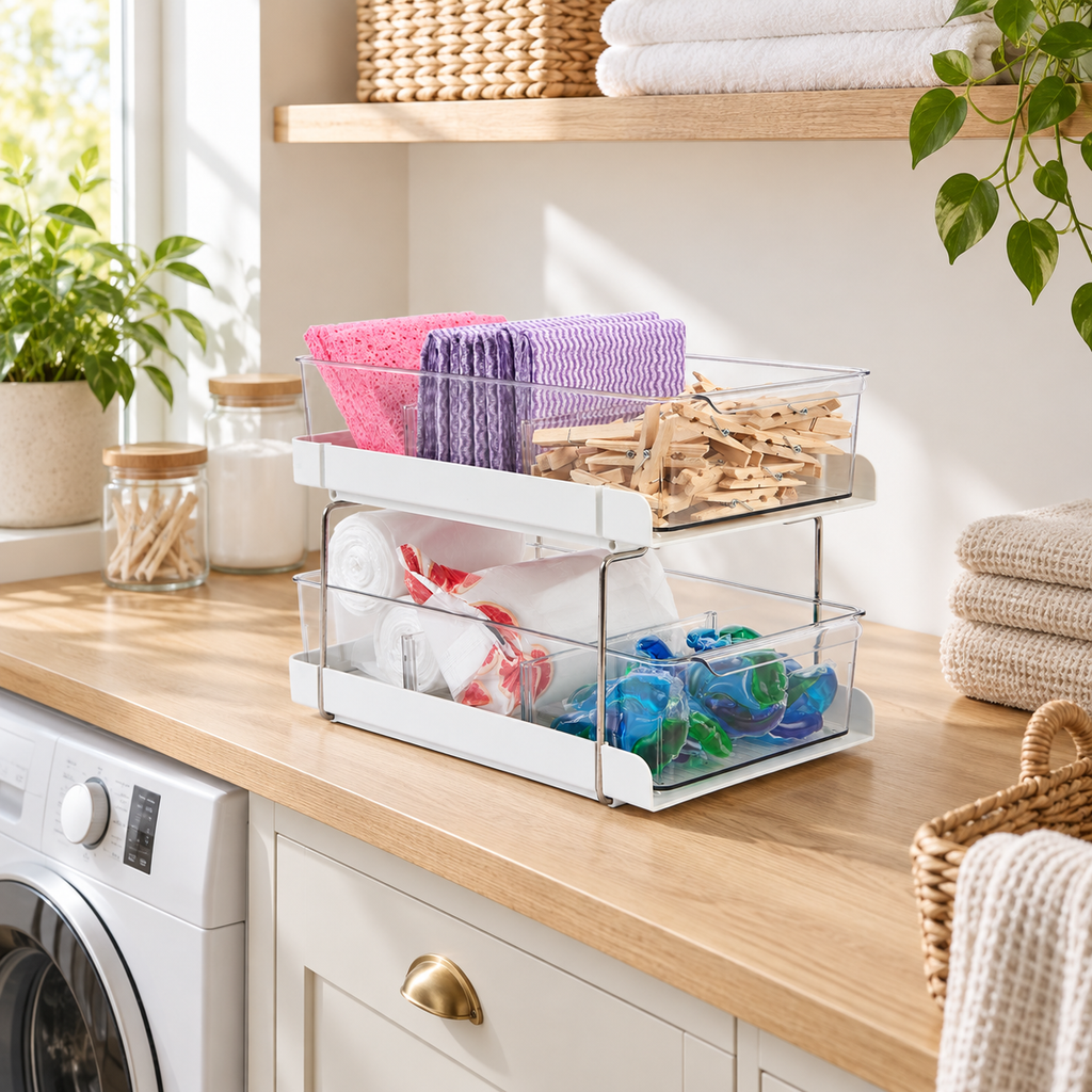 Laundry Storage Drawers - 2 Tier in a clean Scandinavian utility space