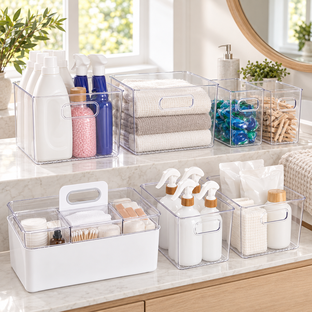 Laundry Storage & Organisation Set in a bright home storage setting