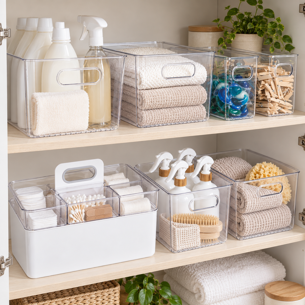 Laundry Storage & Organisation Set neatly organised on shelving