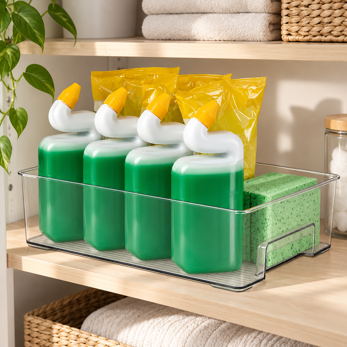 Laundry Storage Tray - Large arranged neatly on storage shelving