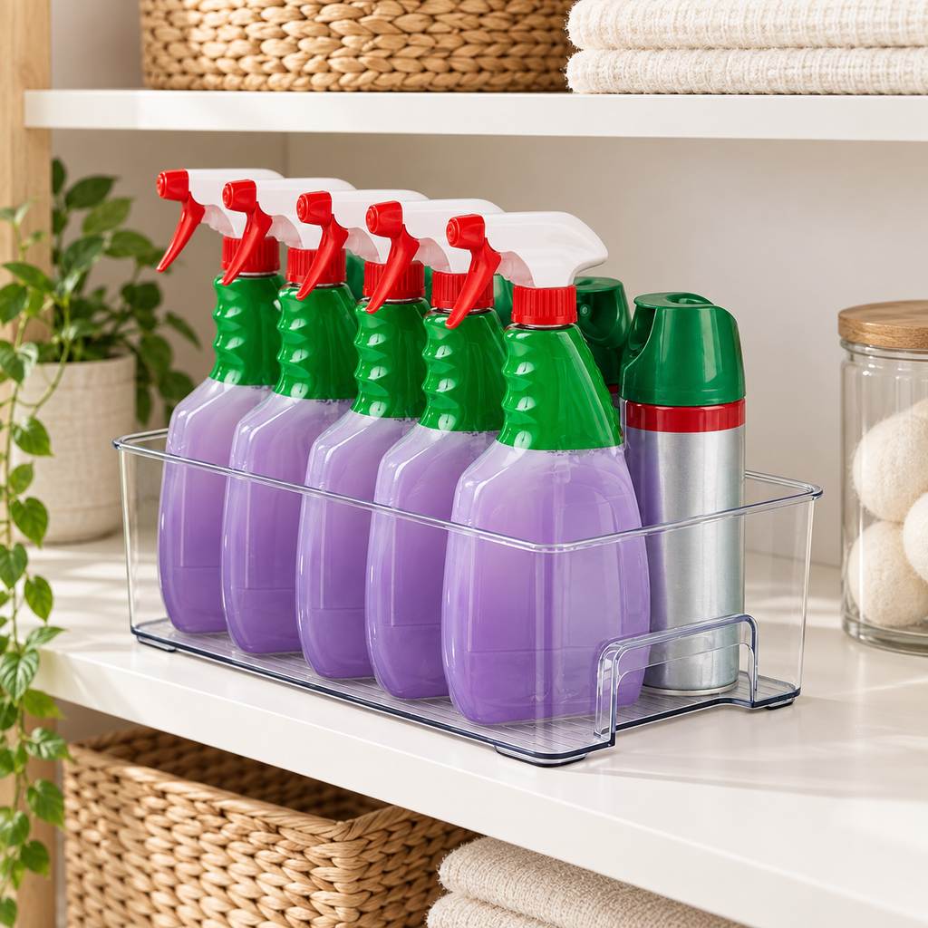 Laundry Storage Tray - Medium arranged neatly on storage shelving