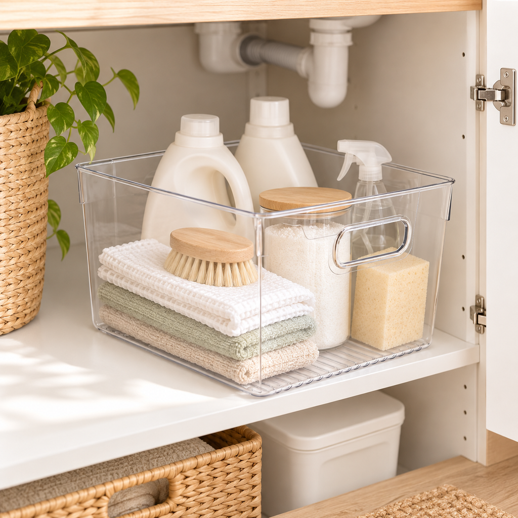 Laundry Storage Tub - Clear Large in a bright laundry setting