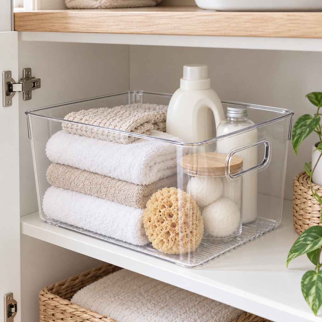 Laundry Storage Tub - Clear Large neatly organised on storage shelving