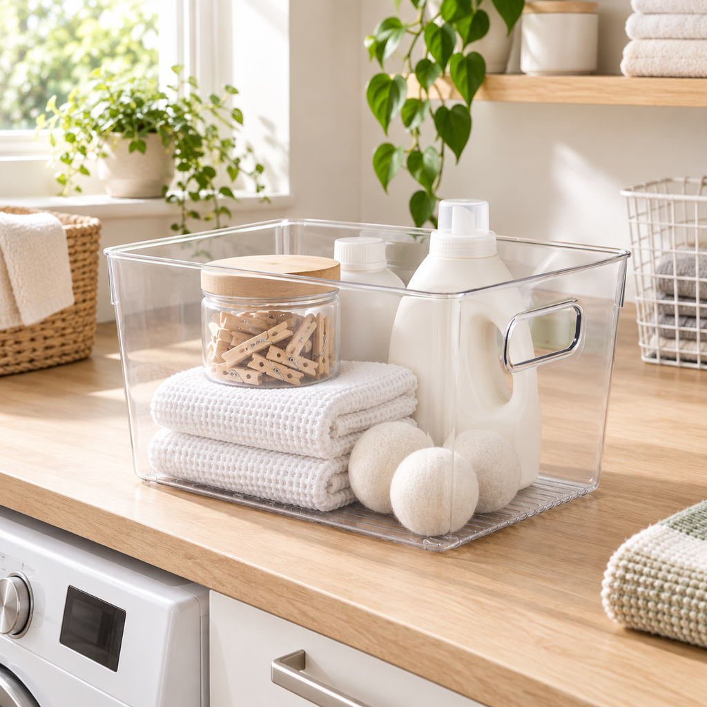 Laundry Storage Tub - Clear Large in a clean Scandinavian utility space