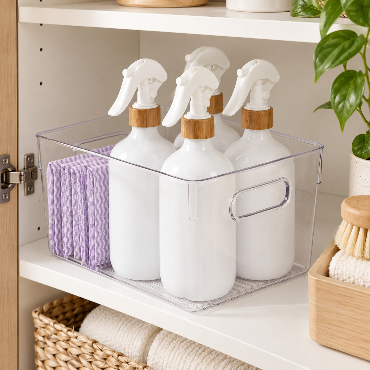 Laundry Storage Tub - Clear Medium neatly organised on storage shelving