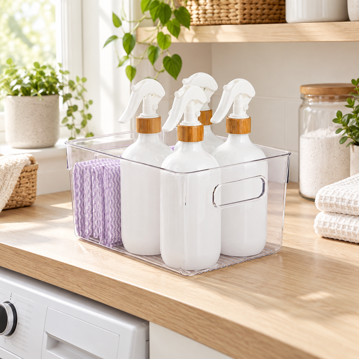 Laundry Storage Tub - Clear Medium in a clean Scandinavian utility space