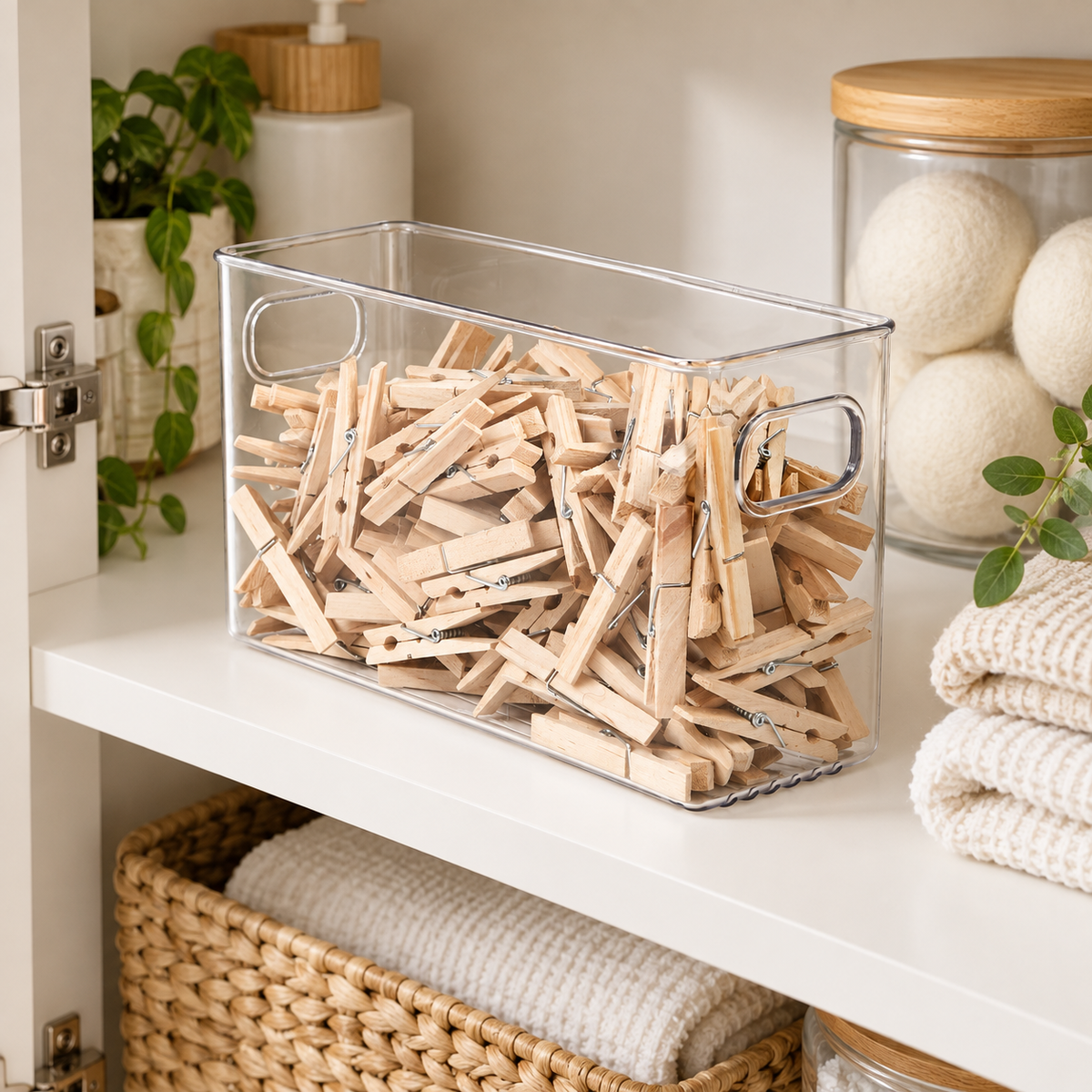 Laundry Storage Tub - Clear Small neatly organised on storage shelving