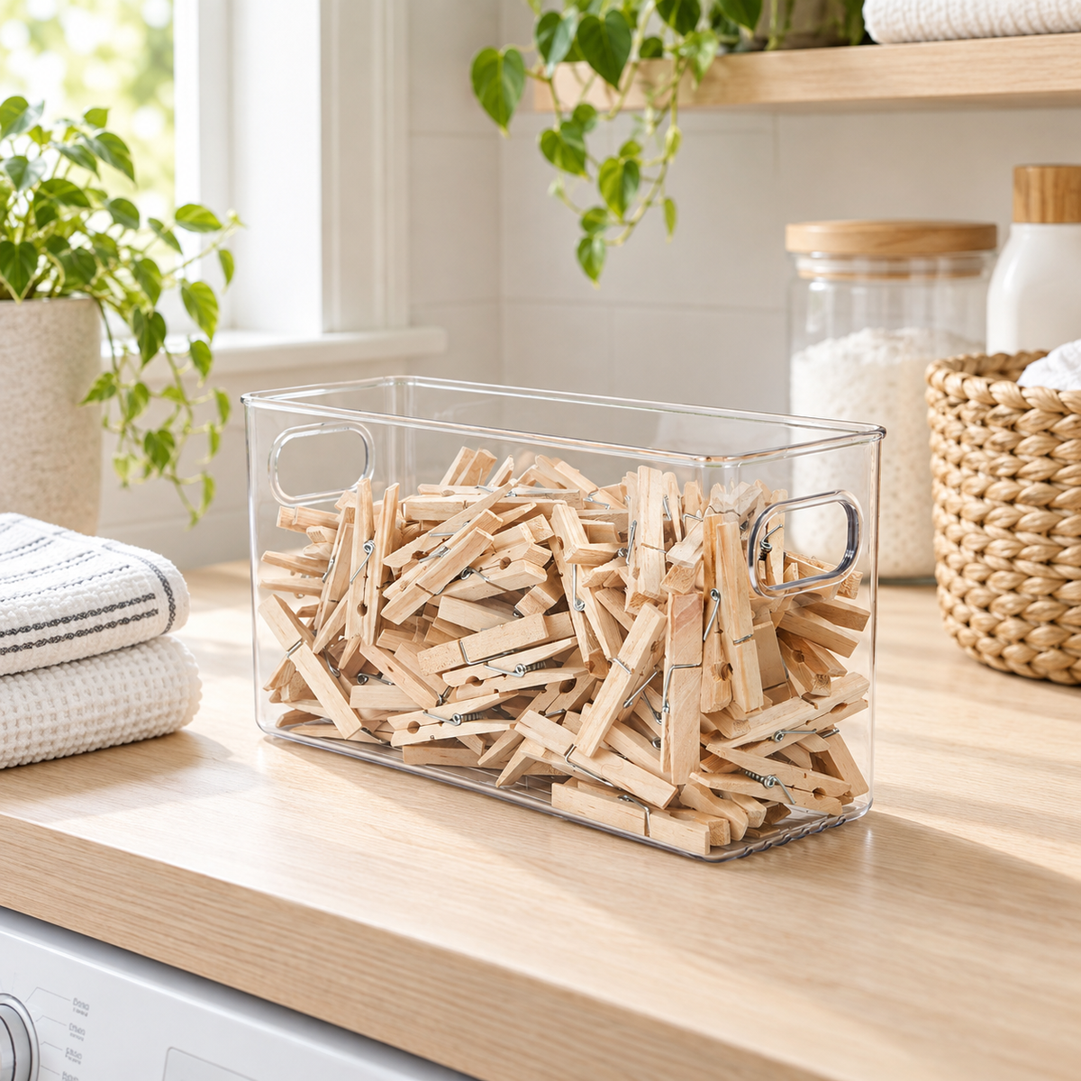 Laundry Storage Tub - Clear Small in a clean Scandinavian utility space