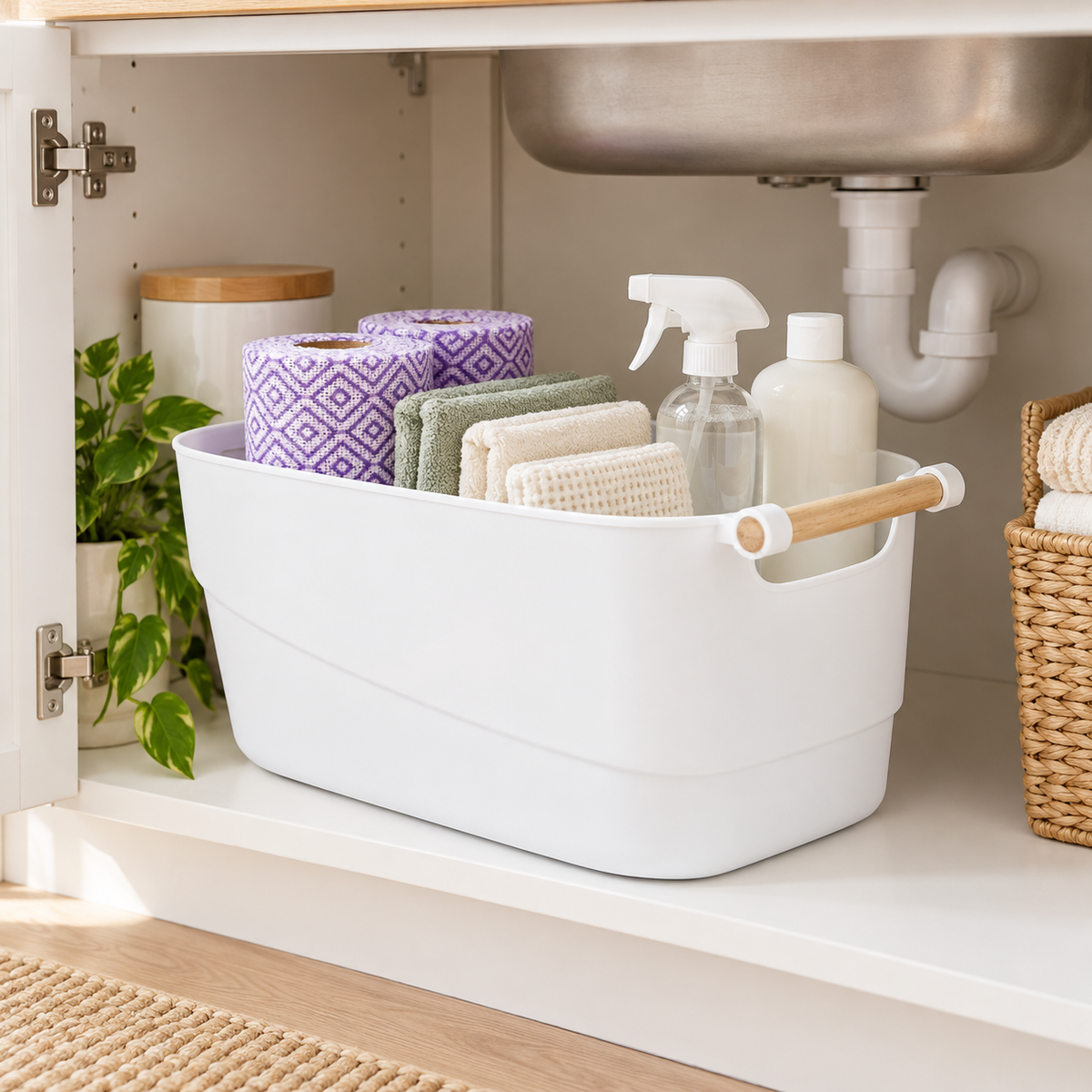 Laundry Storage Tub w/ Wooden Handle - Large in a bright laundry setting