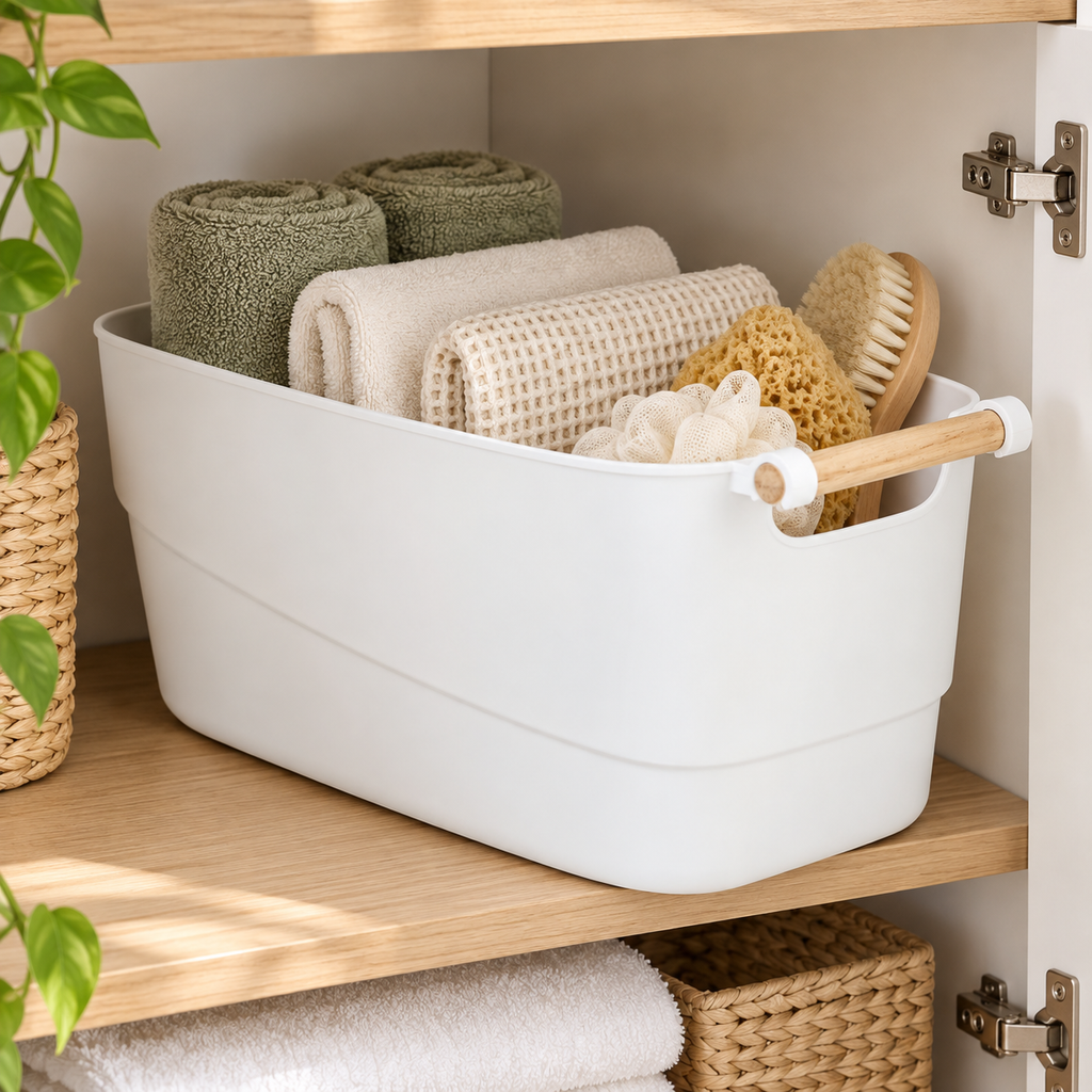 Laundry Storage Tub w/ Wooden Handle - Large neatly organised on storage shelving