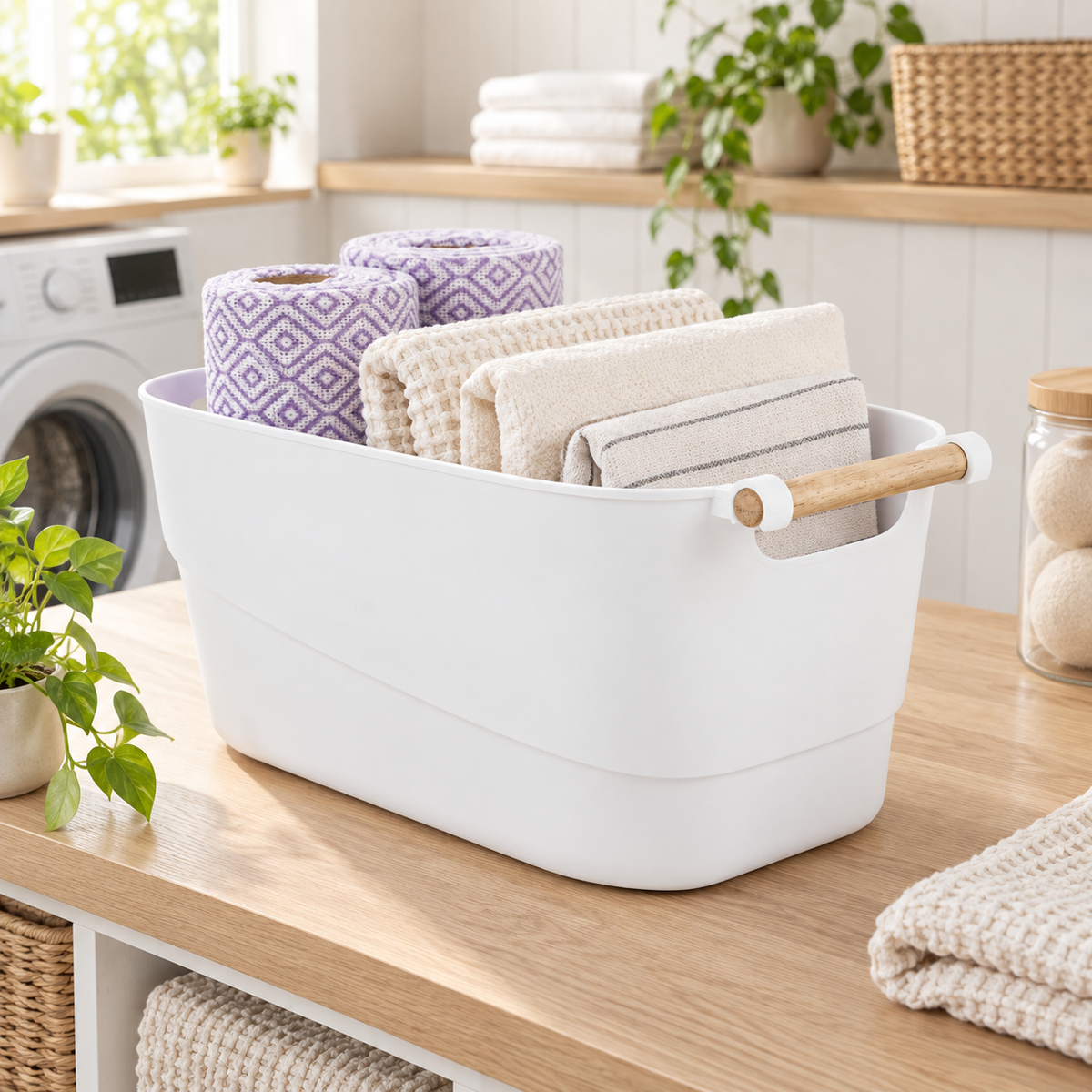 Laundry Storage Tub w/ Wooden Handle - Large in a clean Scandinavian utility space