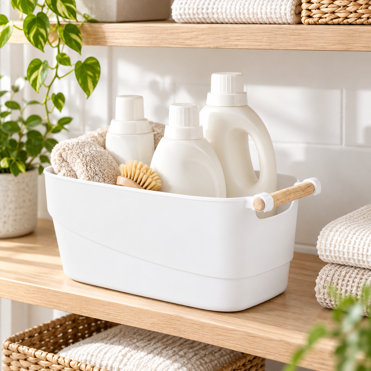 Laundry Storage Tub w/ Wooden Handle - Medium in a bright laundry setting