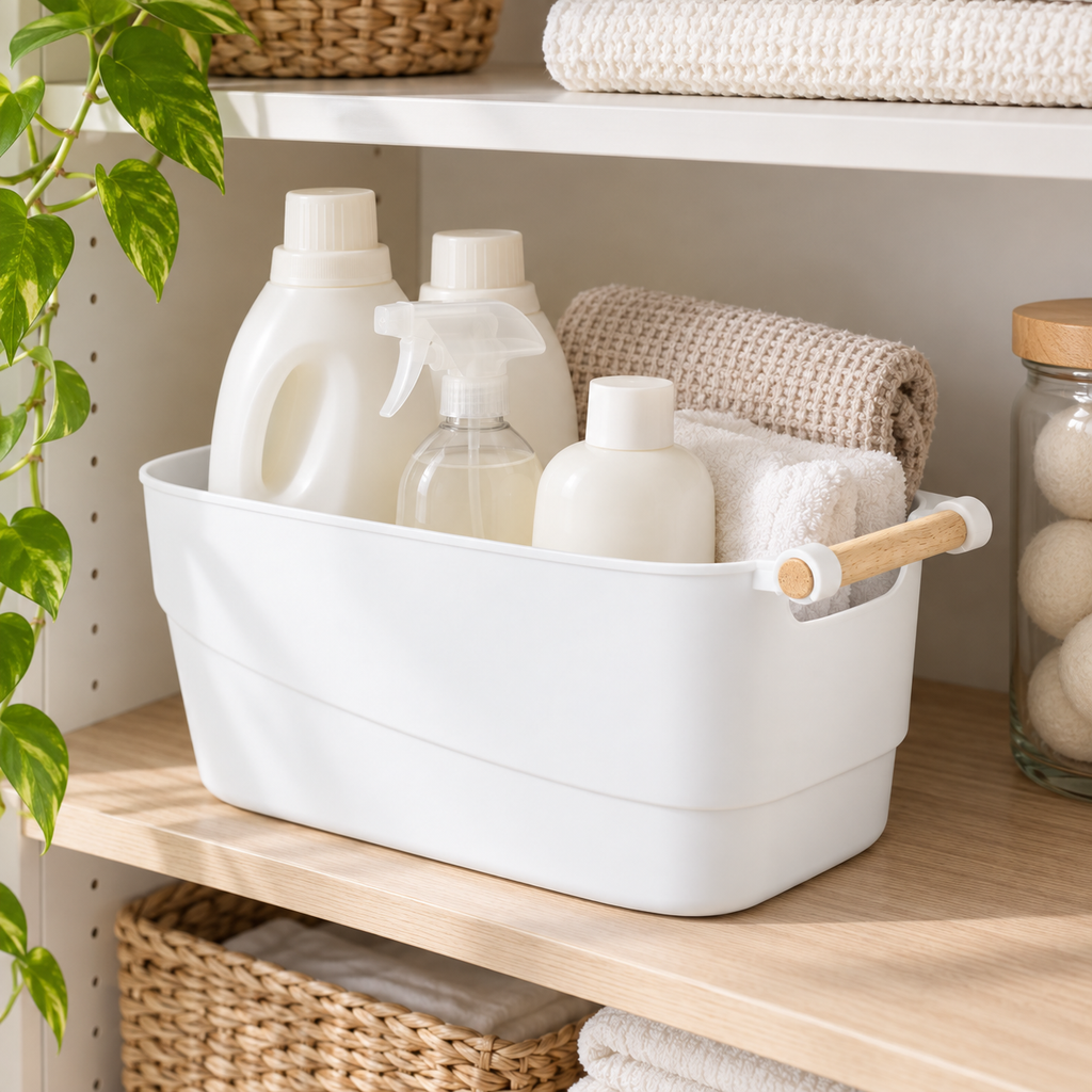 Laundry Storage Tub w/ Wooden Handle - Medium neatly organised on storage shelving