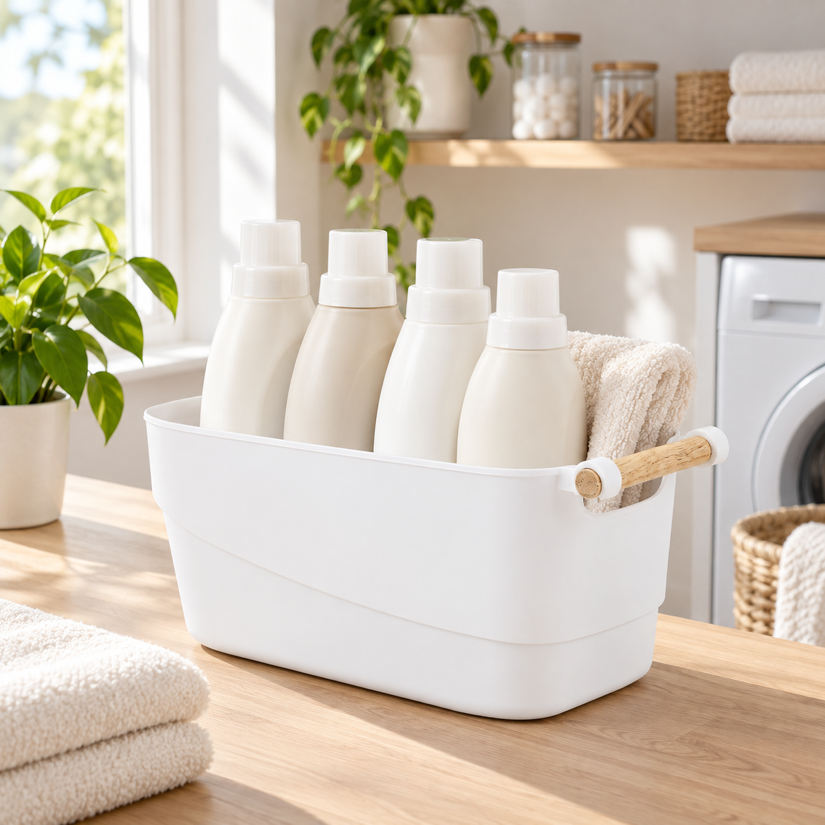 Laundry Storage Tub w/ Wooden Handle - Medium in a clean Scandinavian utility space