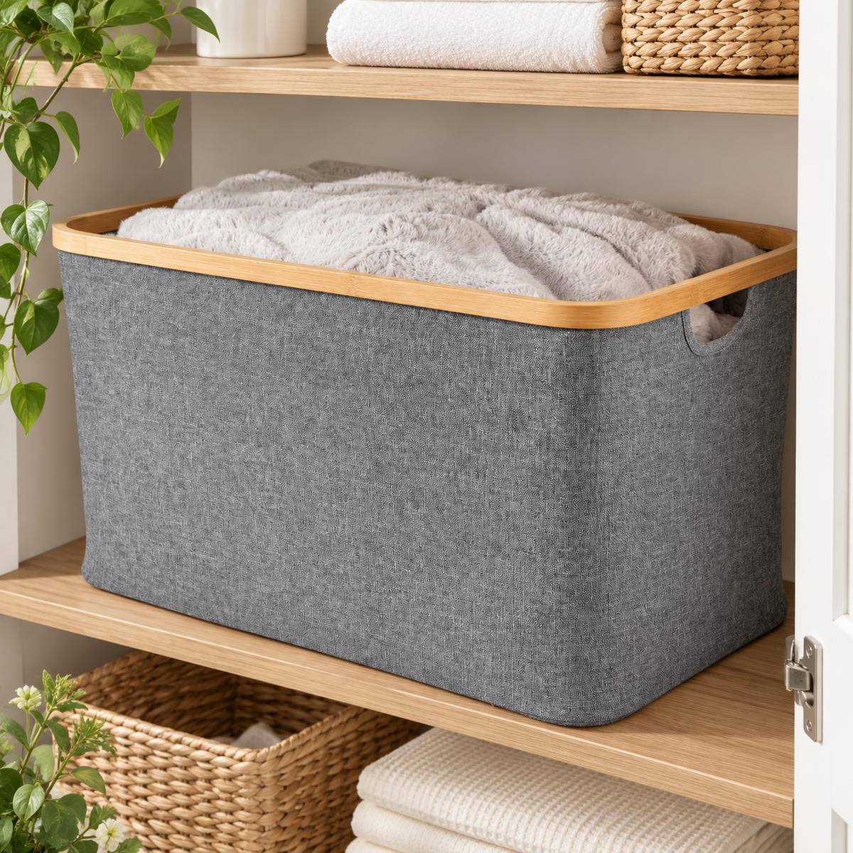 Large dark grey linen basket neatly stored in a cupboard