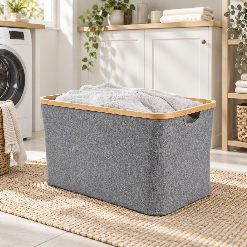Large dark grey linen basket in a Scandinavian laundry room
