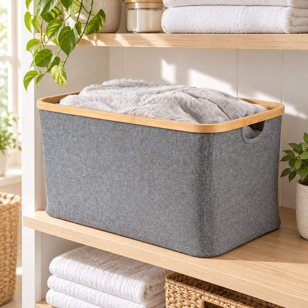 Large dark grey linen basket with bamboo rim on laundry shelving