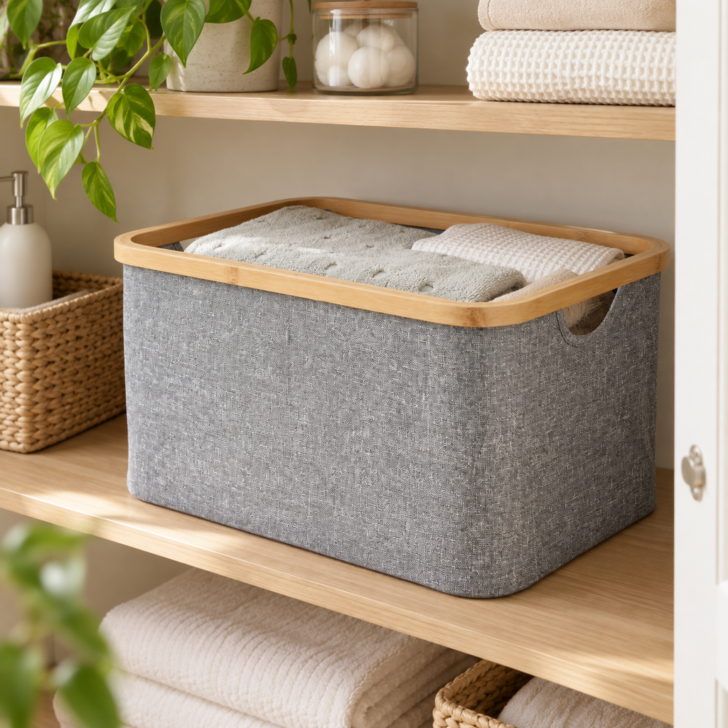 Dark grey medium linen basket neatly stored in a cupboard