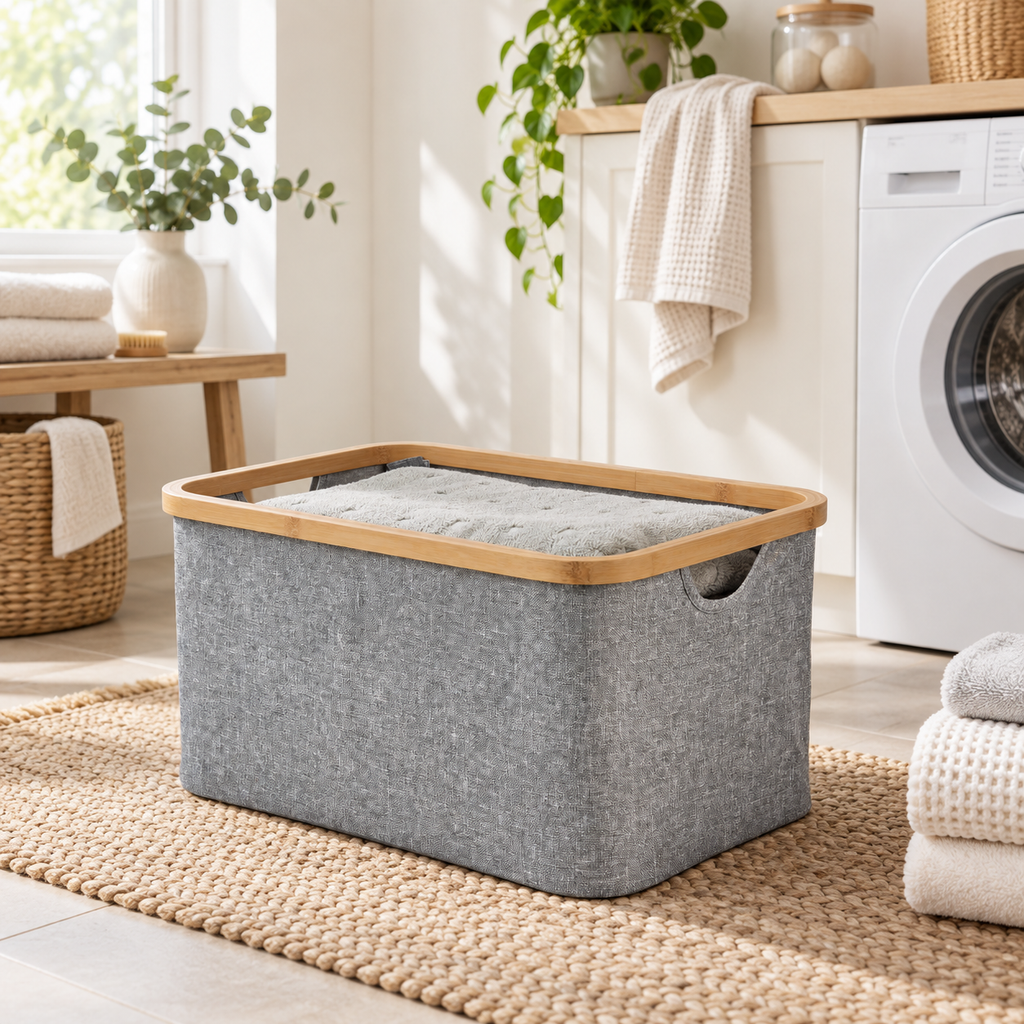 Medium dark grey linen basket in a Scandinavian laundry room