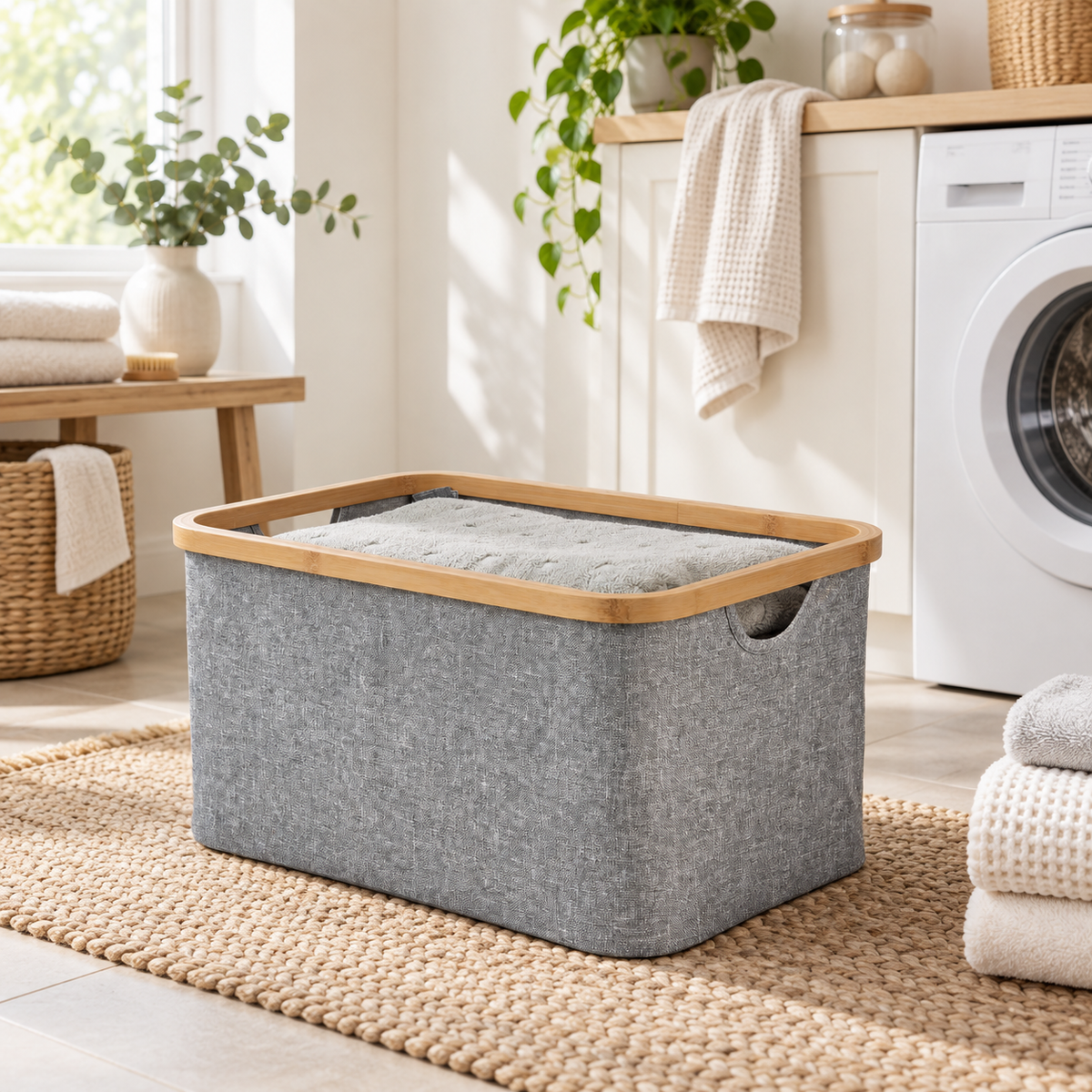 Medium dark grey linen basket in a Scandinavian laundry room