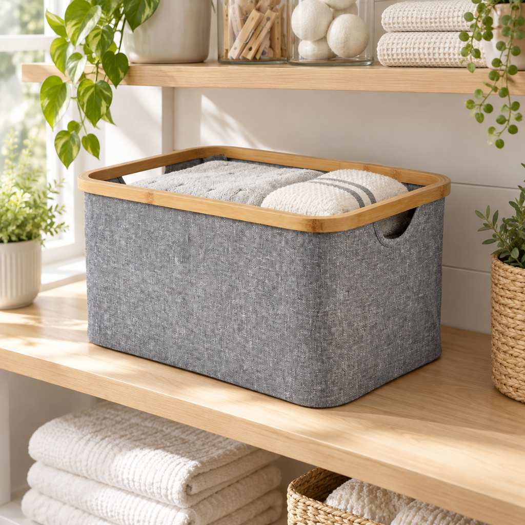 Medium dark grey linen basket with bamboo rim on laundry shelving