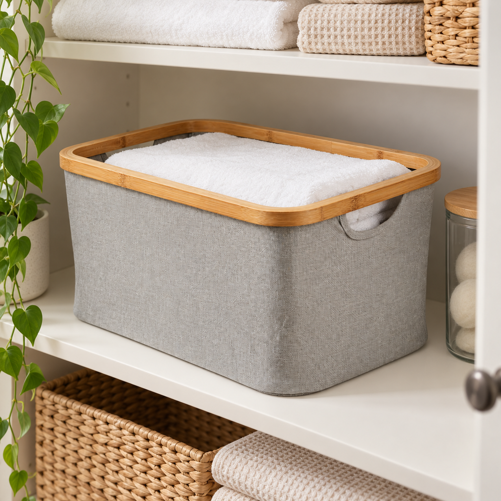 Light grey medium linen basket neatly stored in a cupboard