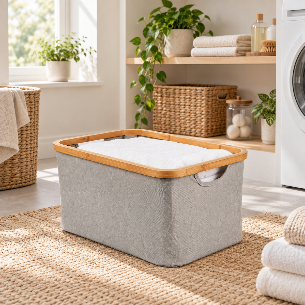 Medium light grey linen basket in a Scandinavian laundry room
