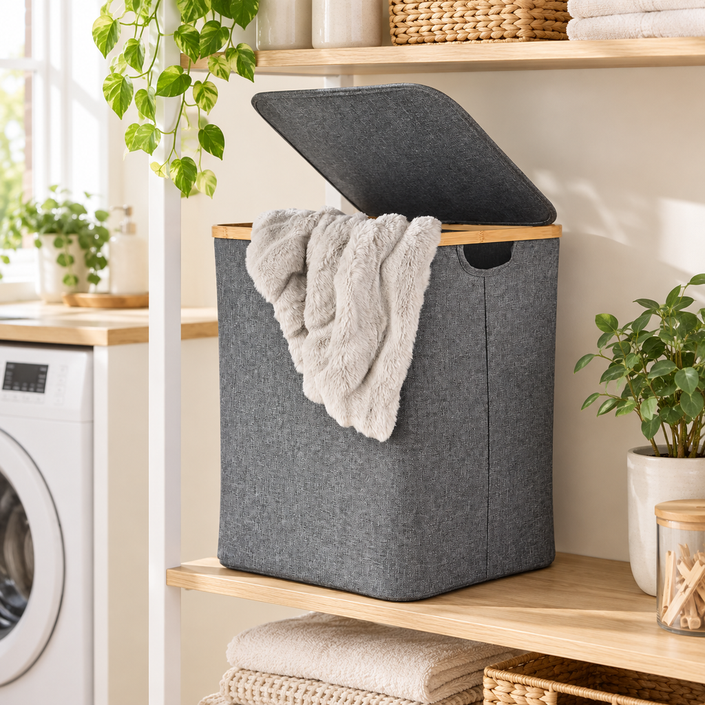 Linen / Laundry Basket with Lid - Dark Grey in a bright laundry setting