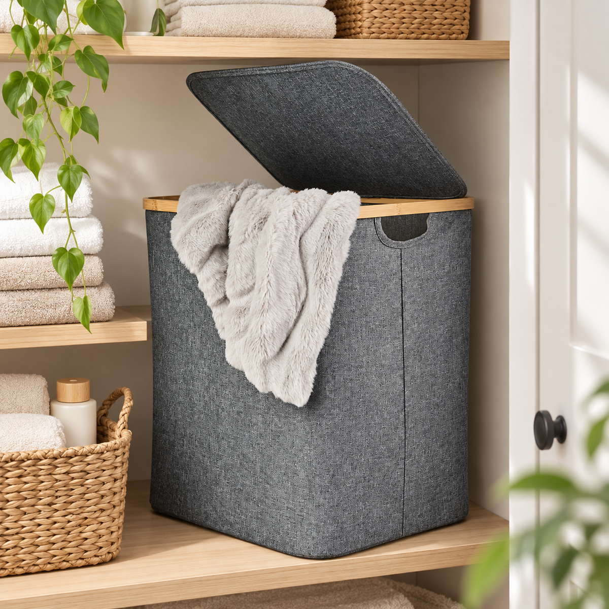 Linen / Laundry Basket with Lid - Dark Grey neatly organised on storage shelving