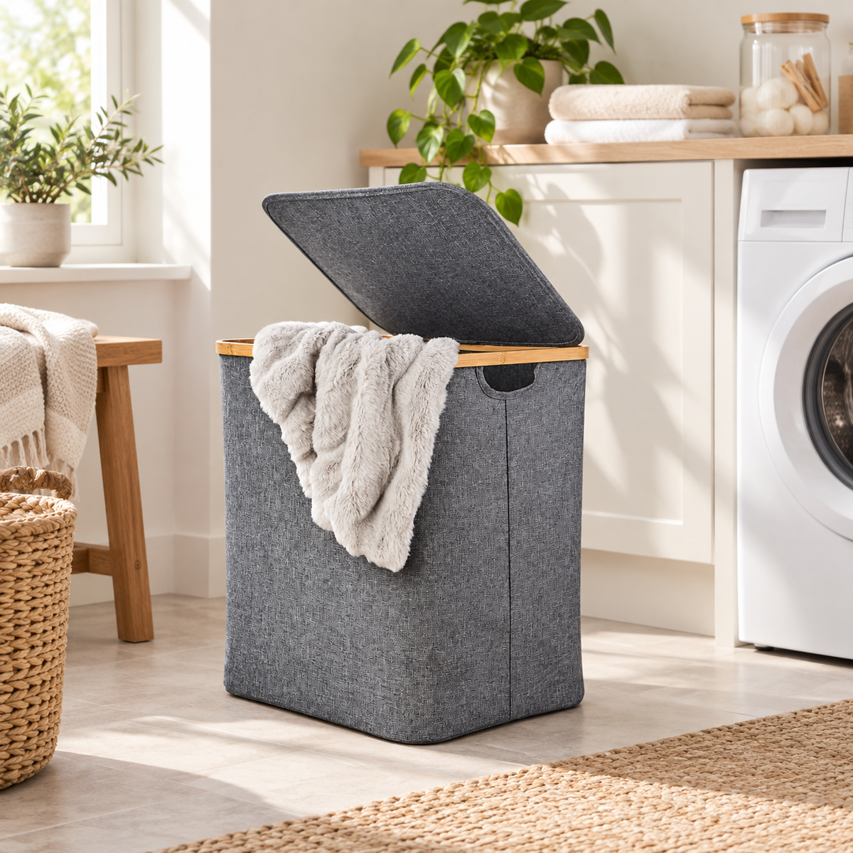 Linen / Laundry Basket with Lid - Dark Grey in a clean Scandinavian utility space