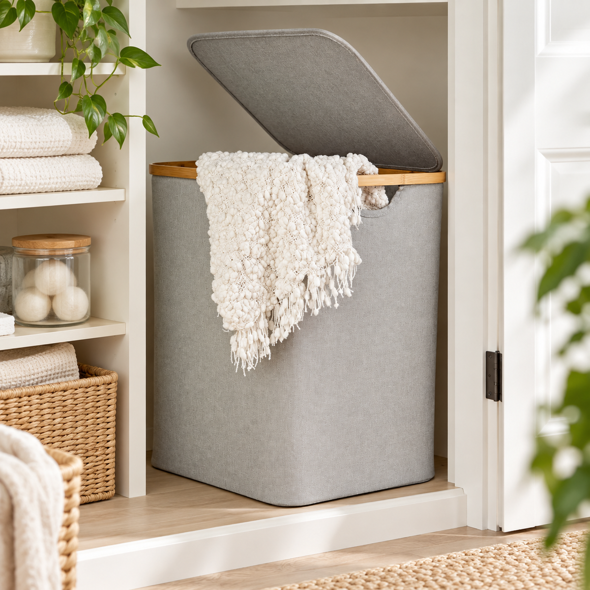 Linen / Laundry Basket with Lid - Light Grey neatly organised on storage shelving