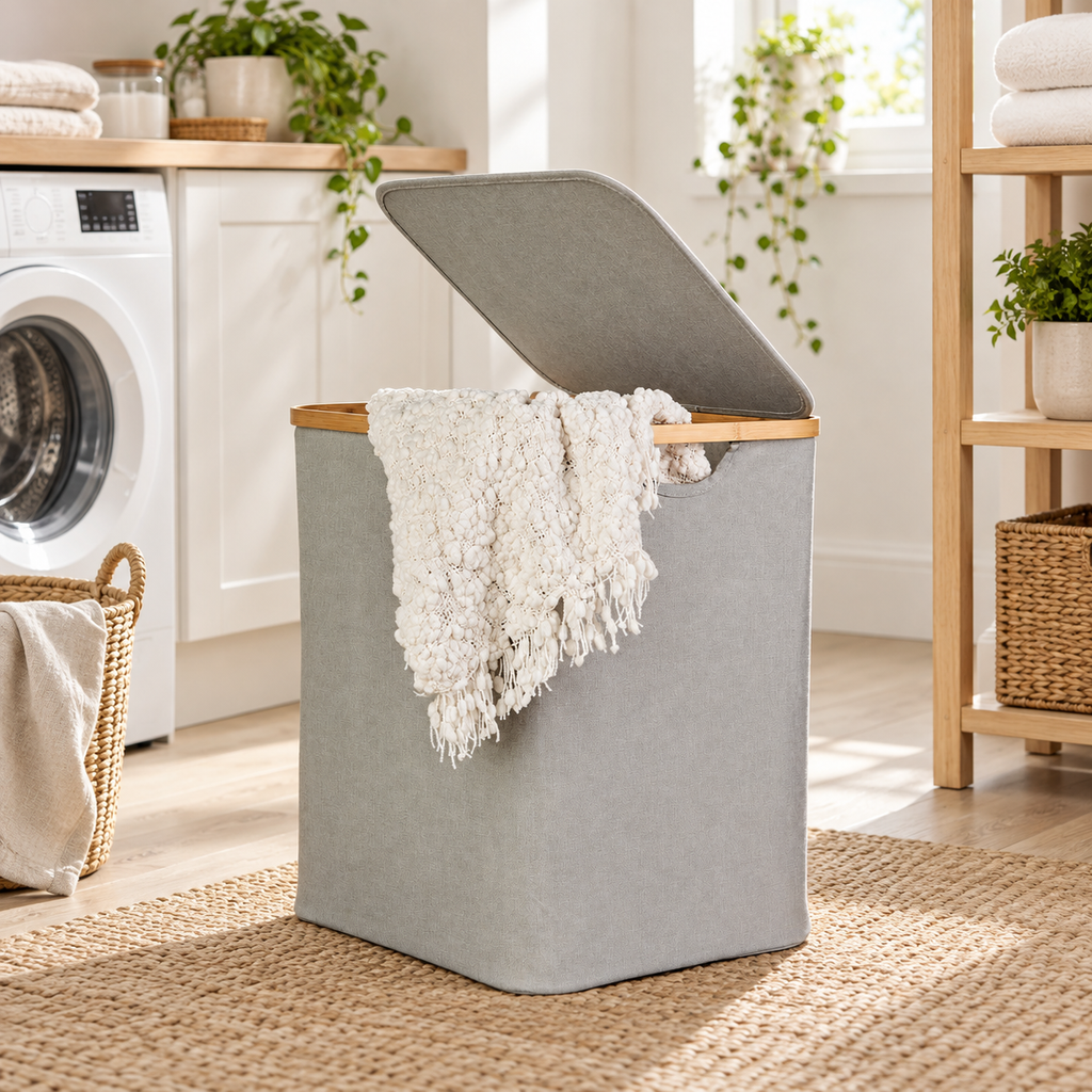 Linen / Laundry Basket with Lid - Light Grey in a clean Scandinavian utility space