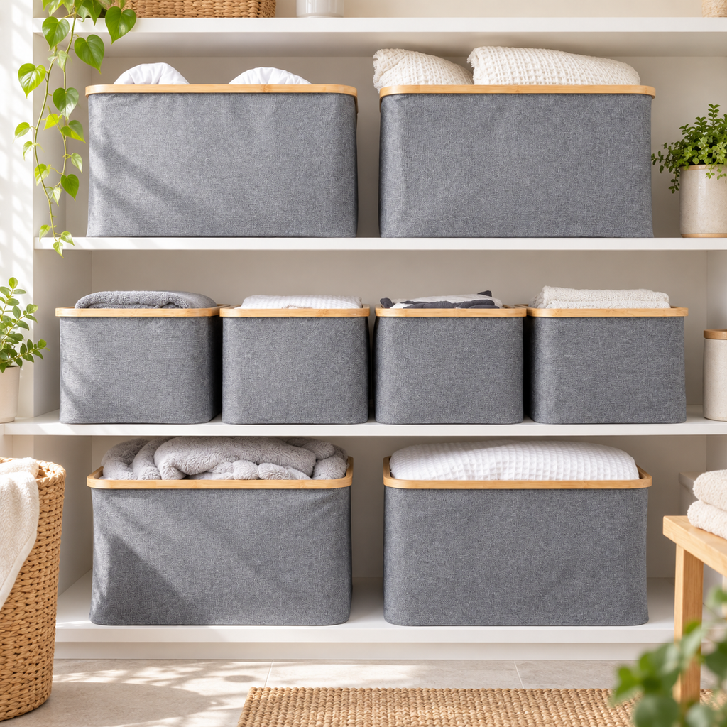 Linen Storage Basket - 8 Set Dark Grey in a bright organised home setting
