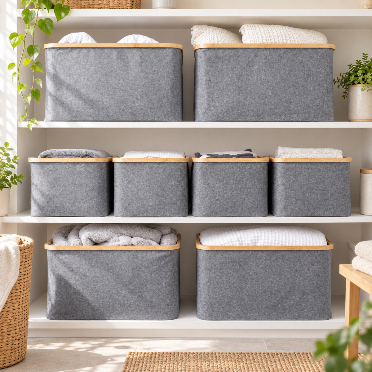 Linen Storage Basket - 8 Set Dark Grey in a bright organised home setting